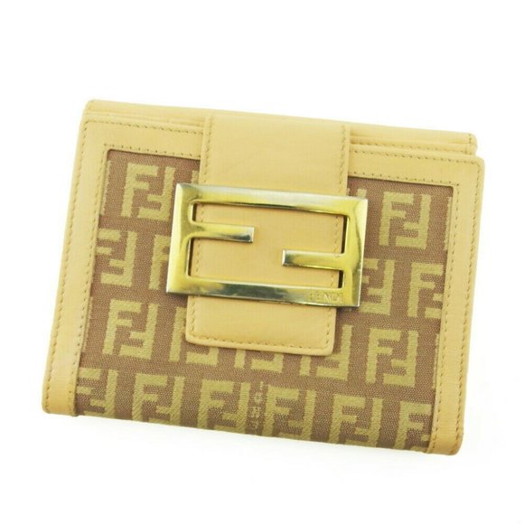 Authentic FENDI W Hook Wallet Zucchino Beige Pink Canvas ~ Leather Auth USED - Picture 1 of 10